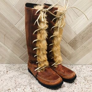 Colin Stuart Tall Leather Lace-up Boots with Faux Rabbit Fur Trim Womens SZ 6.5